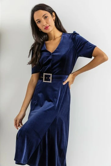 Roman Blue Velvet Buckled Belt Midi Dress 8 Roman Blue Velvet Buckled Belt Midi Dress - Image 6
