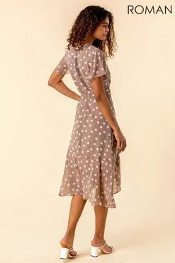 Roman Brown Frilled Hem Spot Print Dress 8 Roman Brown Frilled Hem Spot Print Dress -Roman Sales Shop unnamed file 245