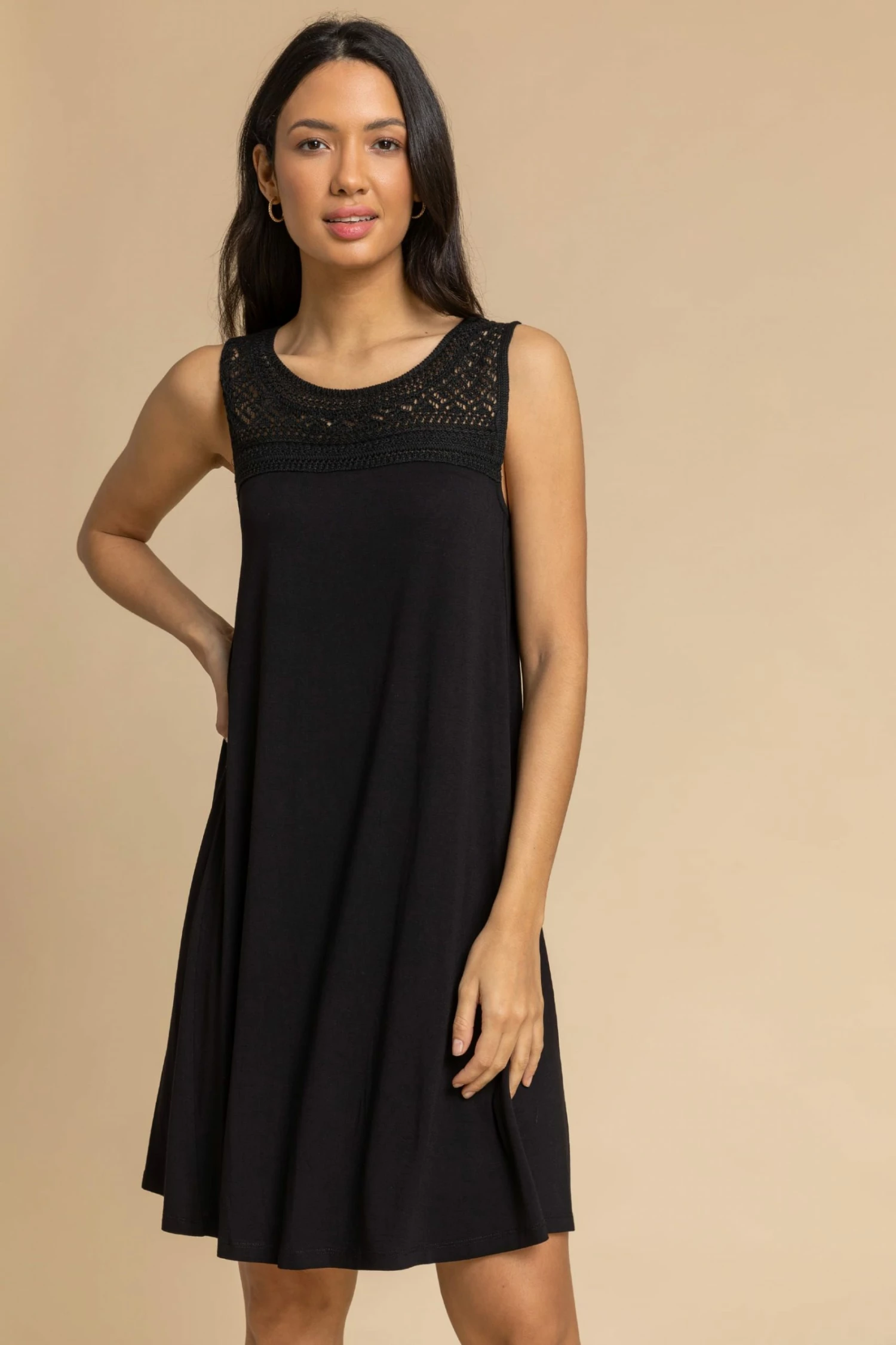 Roman Black Crochet Yoke A-Line Jersey Dress 3 Roman Black Crochet Yoke A-Line Jersey Dress