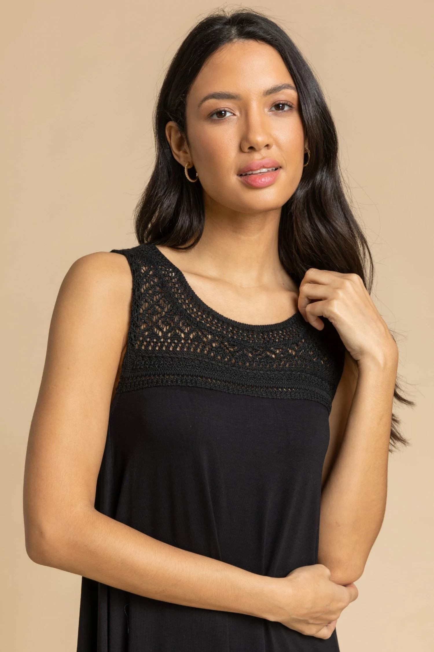 Roman Black Crochet Yoke A-Line Jersey Dress 6 Roman Black Crochet Yoke A-Line Jersey Dress - Image 4