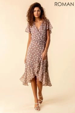 Roman Brown Frilled Hem Spot Print Dress 9 Roman Brown Frilled Hem Spot Print Dress -Roman Sales Shop unnamed file 246