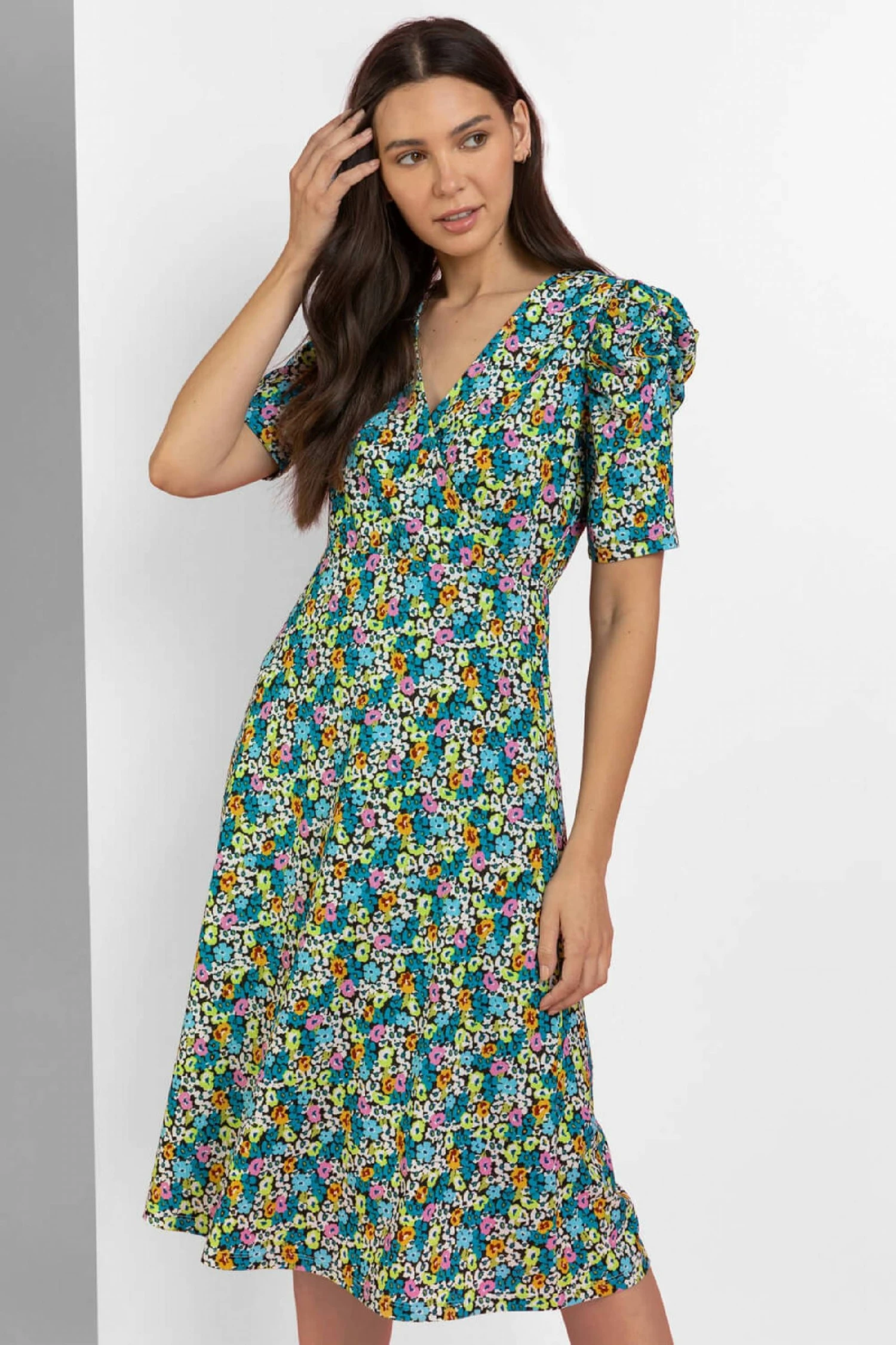 Roman Blue Floral Puff Sleeve Wrap Dress 3 Roman Blue Floral Puff Sleeve Wrap Dress