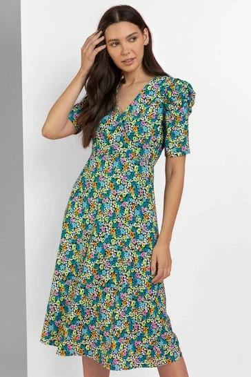 Roman Blue Floral Puff Sleeve Wrap Dress 7 Roman Blue Floral Puff Sleeve Wrap Dress - Image 5