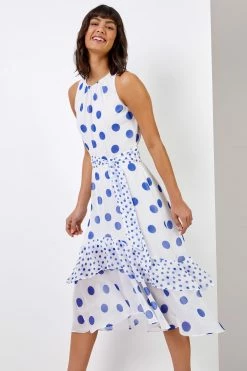 Roman White Multi Spot Print Frill Hem Midi Dress