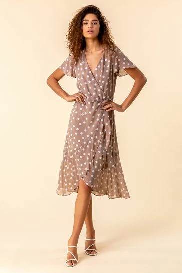 Roman Brown Frilled Hem Spot Print Dress 7 Roman Brown Frilled Hem Spot Print Dress - Image 5