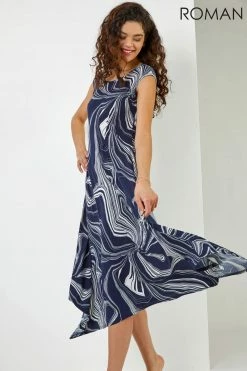 Roman Blue Abstract Print Hanky Hem Dress