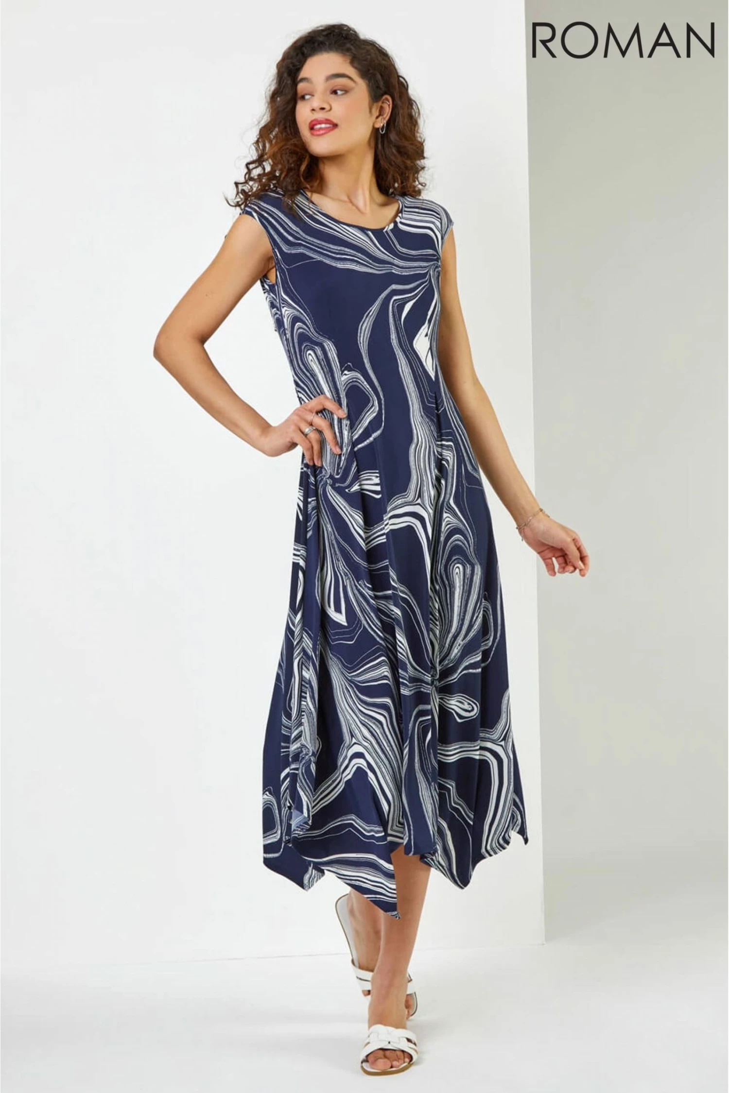 Roman Blue Abstract Print Hanky Hem Dress 4 Roman Blue Abstract Print Hanky Hem Dress - Image 2