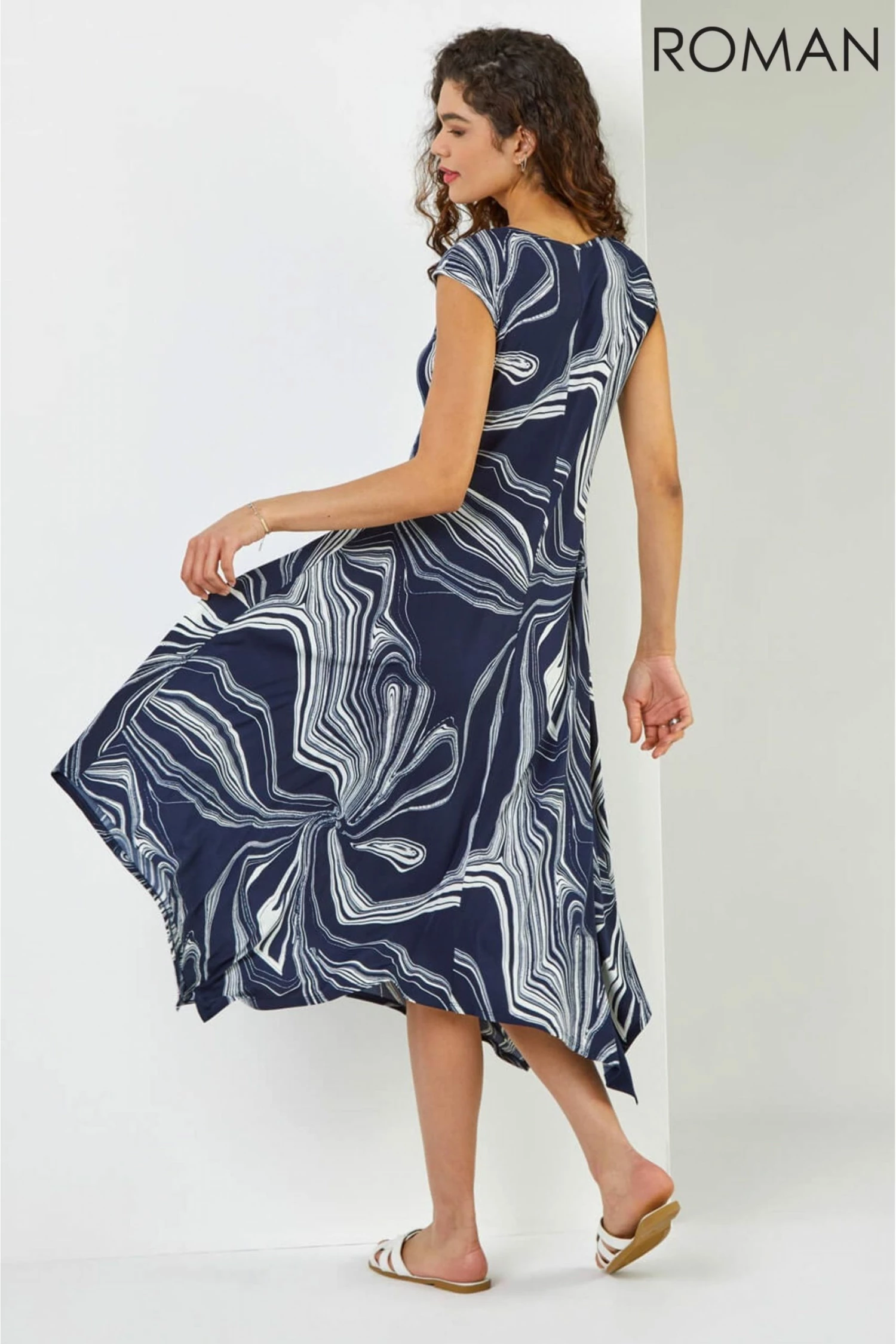 Roman Blue Abstract Print Hanky Hem Dress 5 Roman Blue Abstract Print Hanky Hem Dress - Image 3