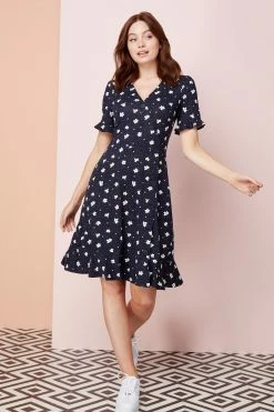 Roman Navy Floral Side Button Tea Dress