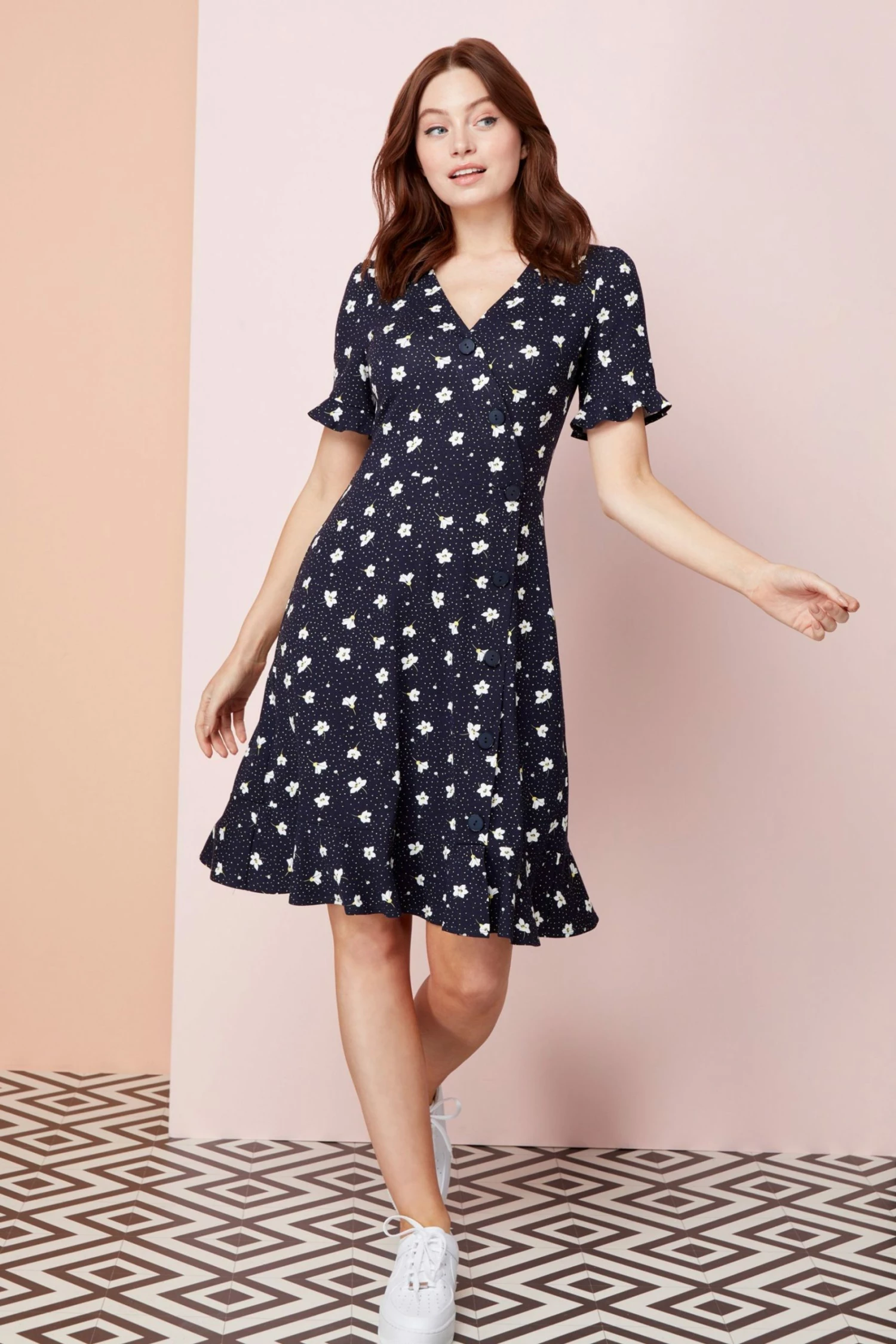 Roman Navy Floral Side Button Tea Dress 3 Roman Navy Floral Side Button Tea Dress