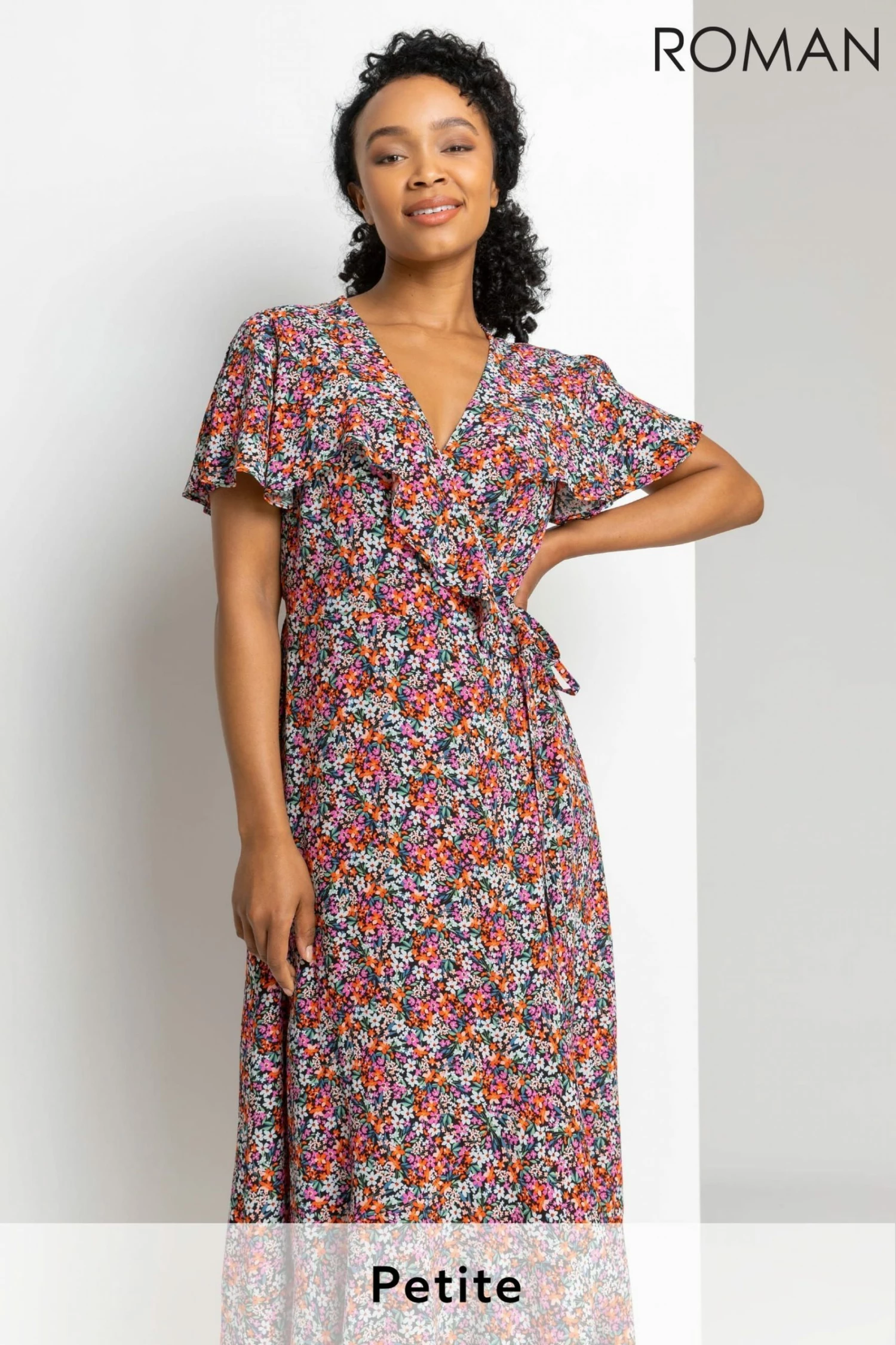 Roman Pink Petite Ditsy Floral Frill Wrap Dress 3 Roman Pink Petite Ditsy Floral Frill Wrap Dress