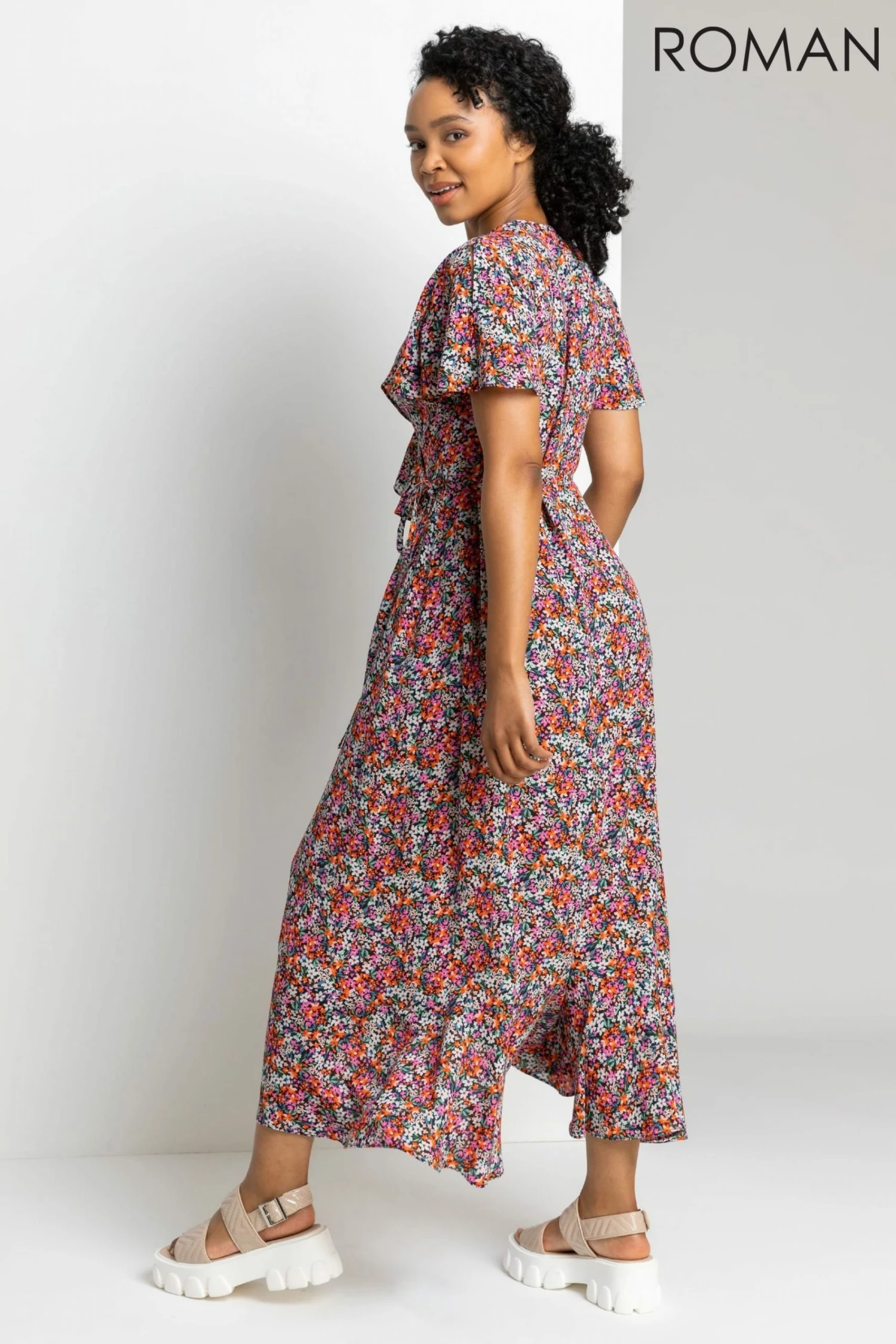 Roman Pink Petite Ditsy Floral Frill Wrap Dress 4 Roman Pink Petite Ditsy Floral Frill Wrap Dress - Image 2