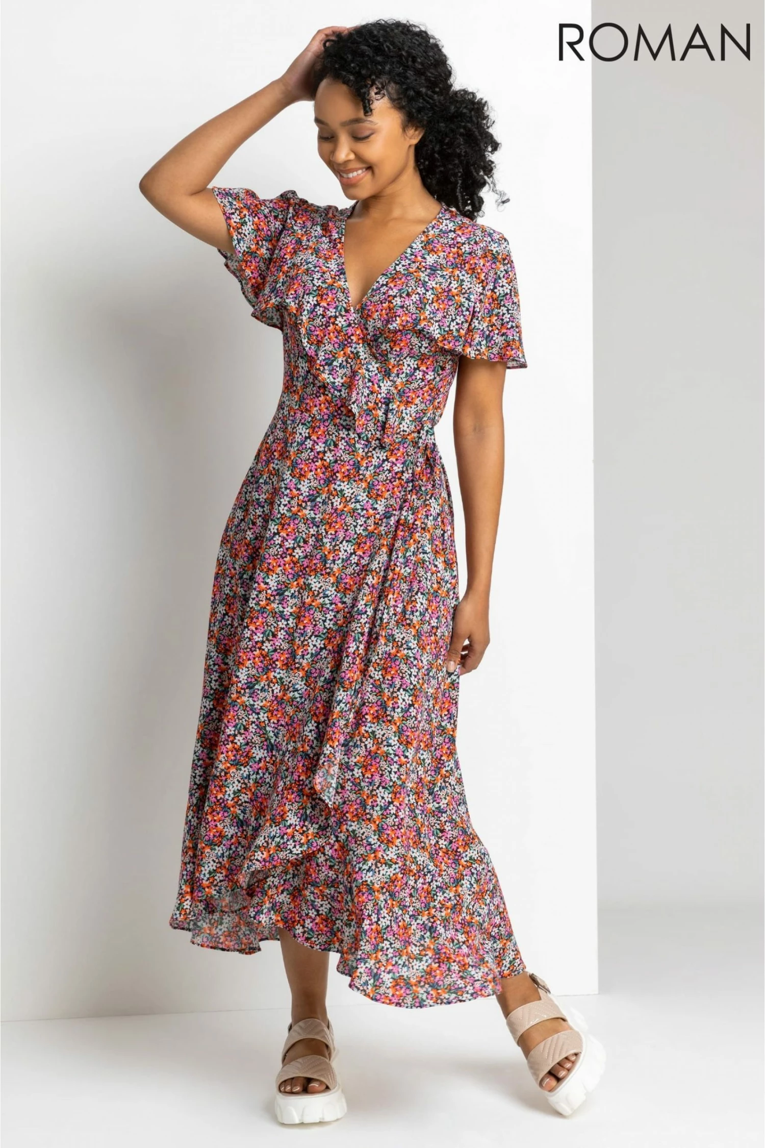 Roman Pink Petite Ditsy Floral Frill Wrap Dress 5 Roman Pink Petite Ditsy Floral Frill Wrap Dress - Image 3