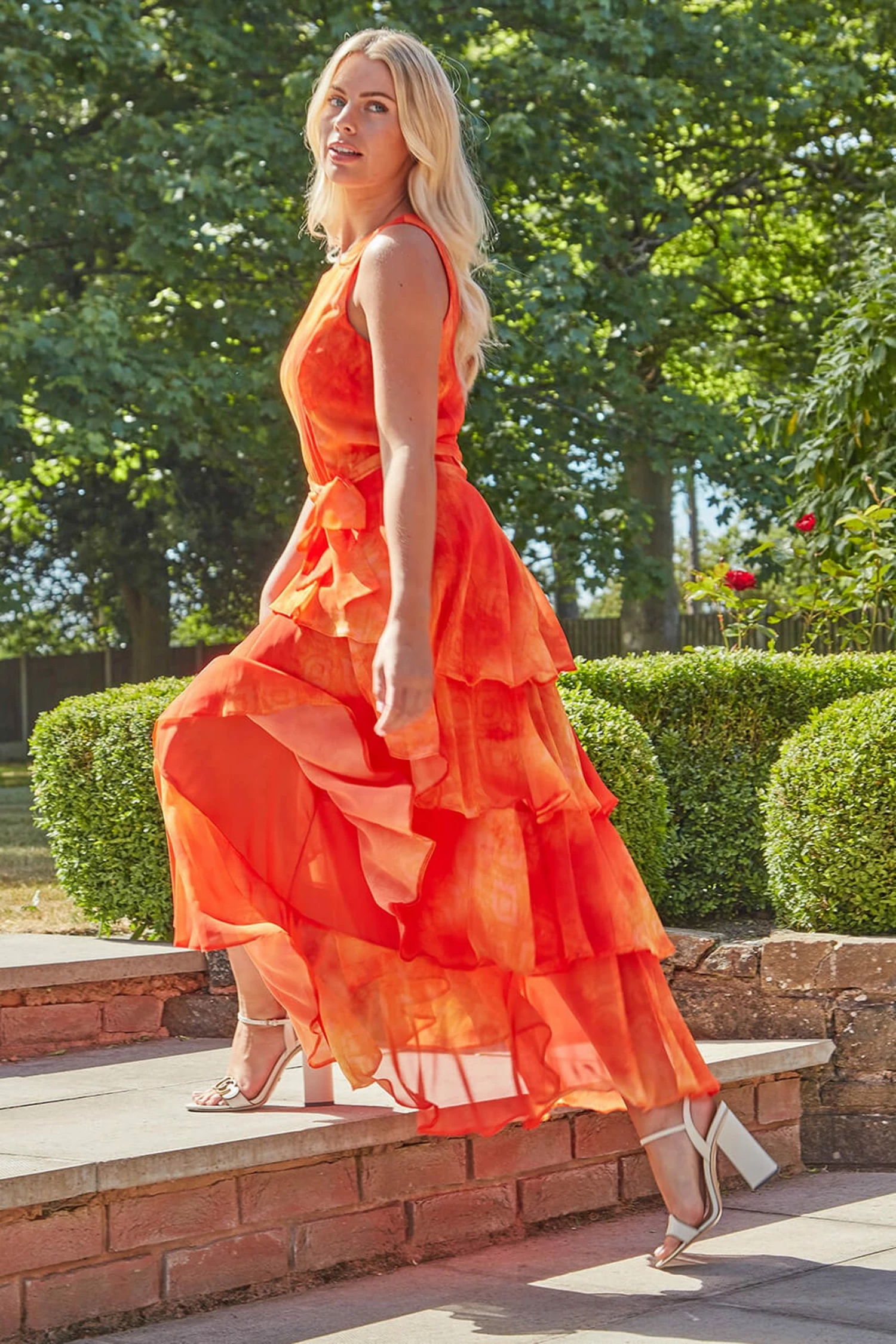 Roman Orange Tie Dye Print Layer Midi Dress 4 Roman Orange Tie Dye Print Layer Midi Dress - Image 2