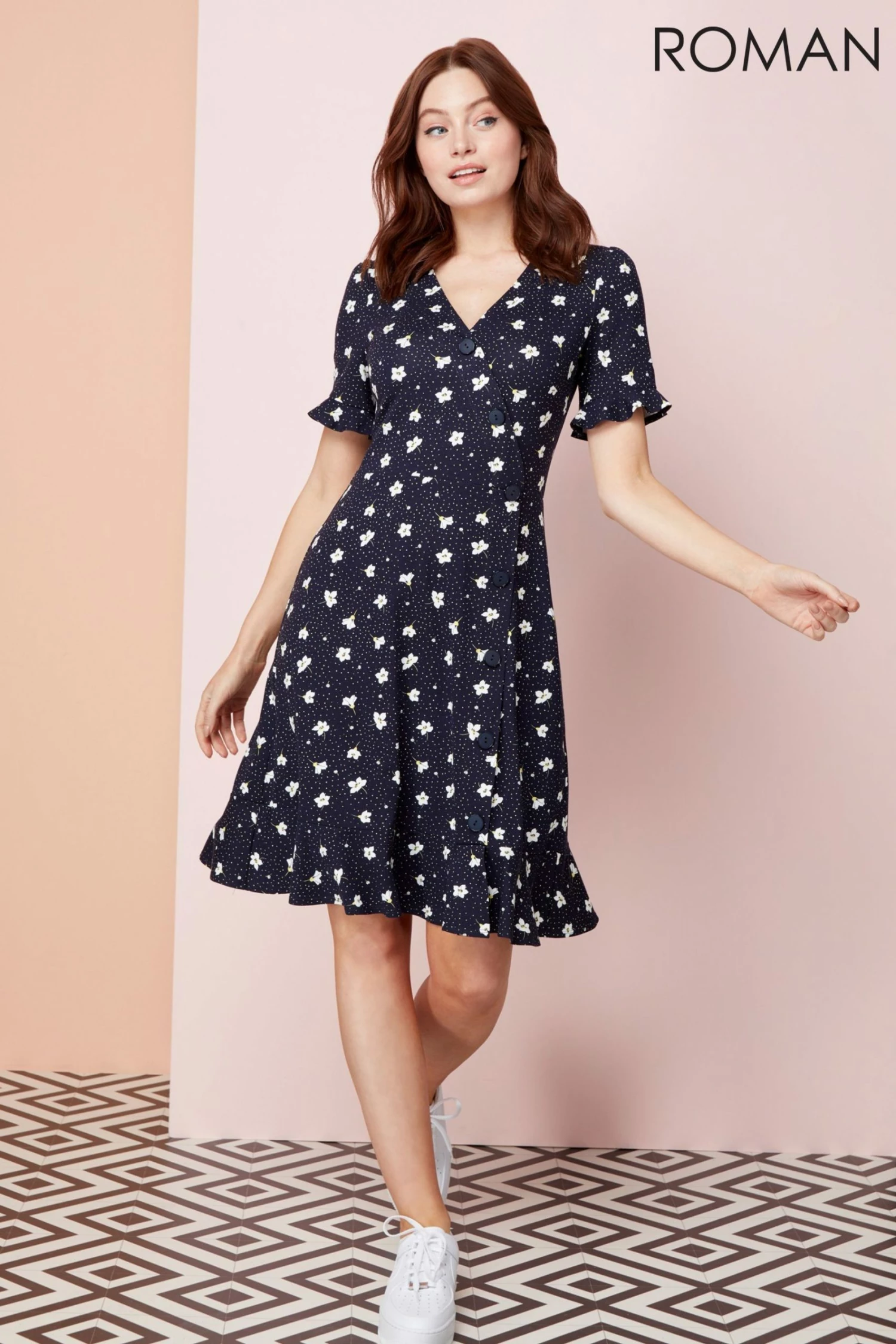 Roman Navy Floral Side Button Tea Dress 4 Roman Navy Floral Side Button Tea Dress - Image 2