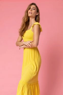 Roman Yellow Shirred Bodice Frill Detail Midi Dress