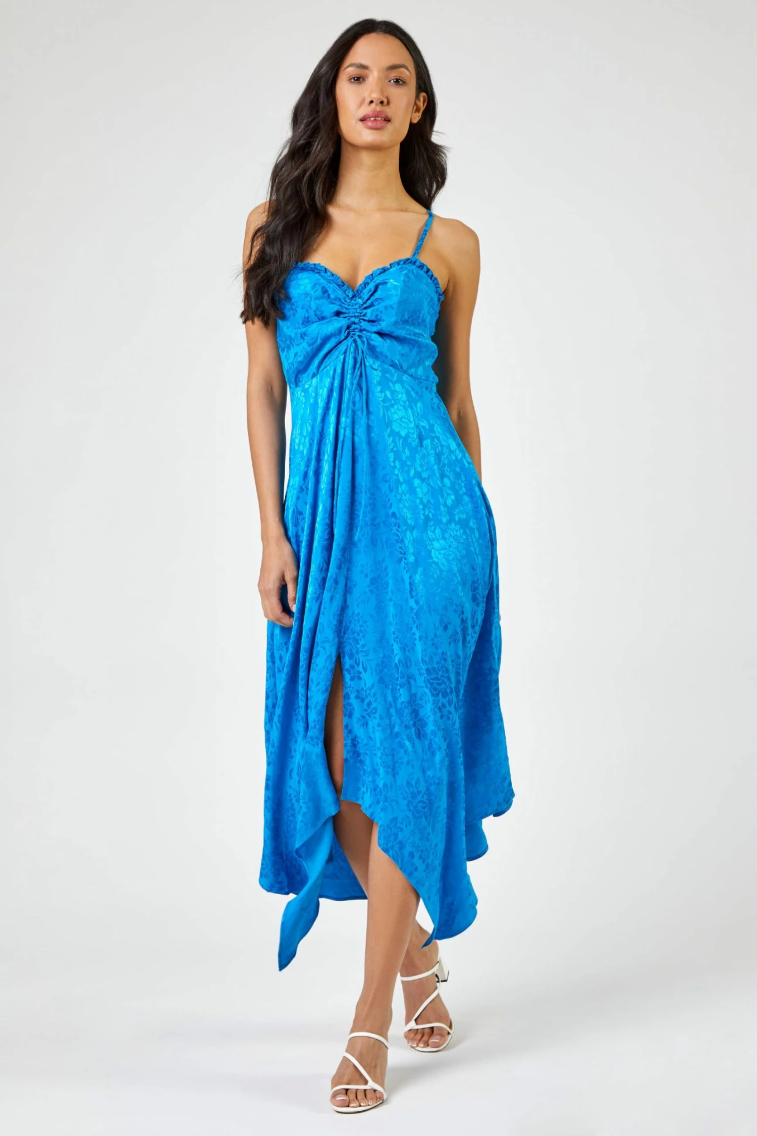 Roman Blue Satin Ruffle Detail Jacquard Midi Dress 5 Roman Blue Satin Ruffle Detail Jacquard Midi Dress - Image 3