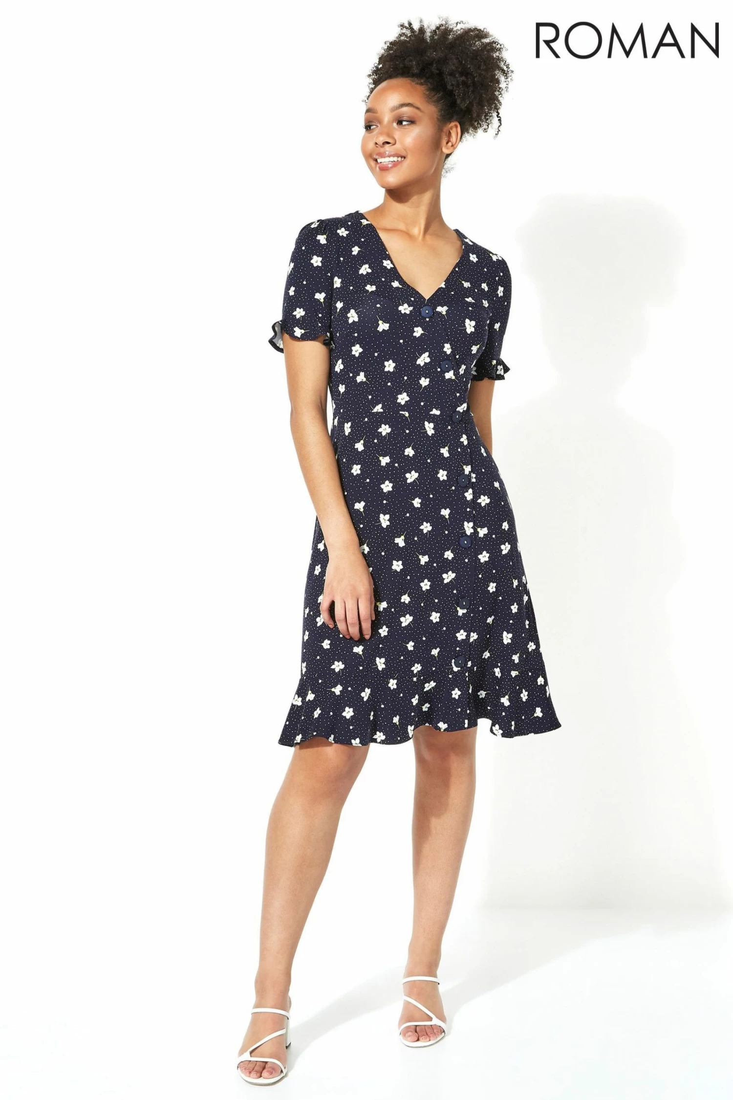 Roman Navy Floral Side Button Tea Dress 7 Roman Navy Floral Side Button Tea Dress - Image 5