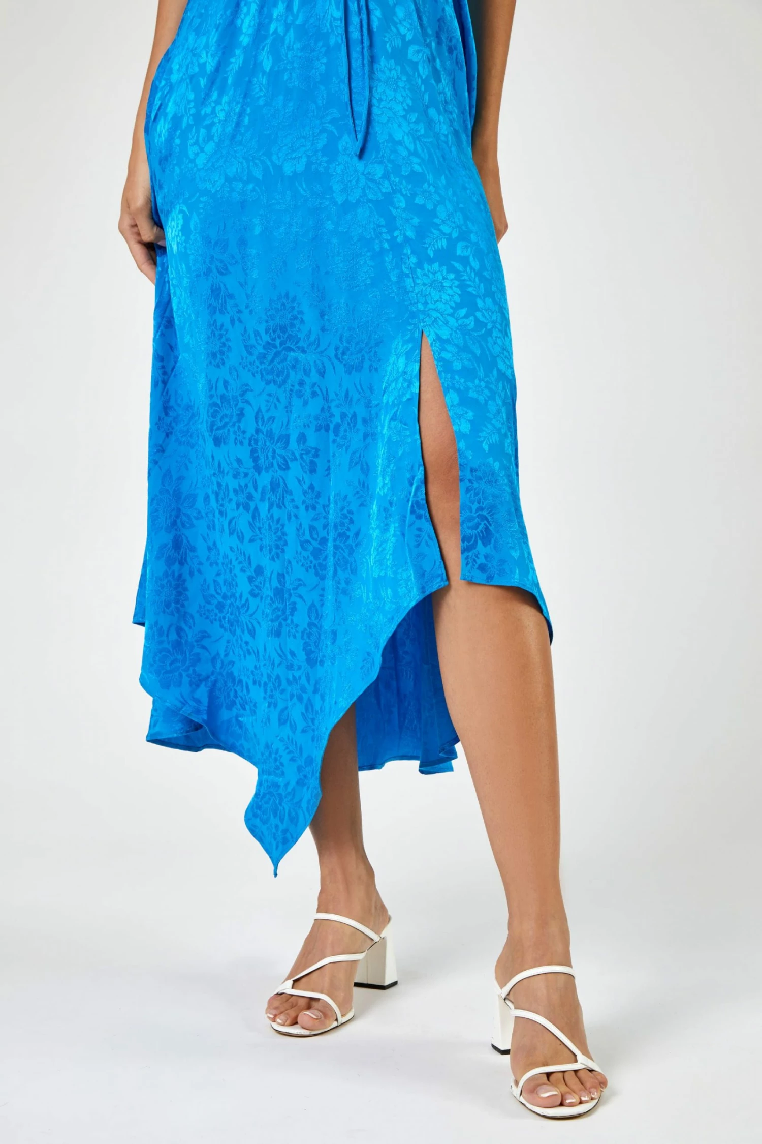 Roman Blue Satin Ruffle Detail Jacquard Midi Dress 7 Roman Blue Satin Ruffle Detail Jacquard Midi Dress - Image 5