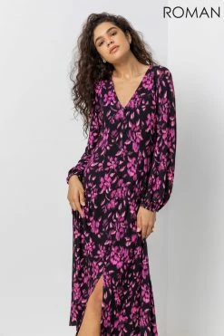 Roman Purple Abstract Floral Fit & Flare Midi Dress