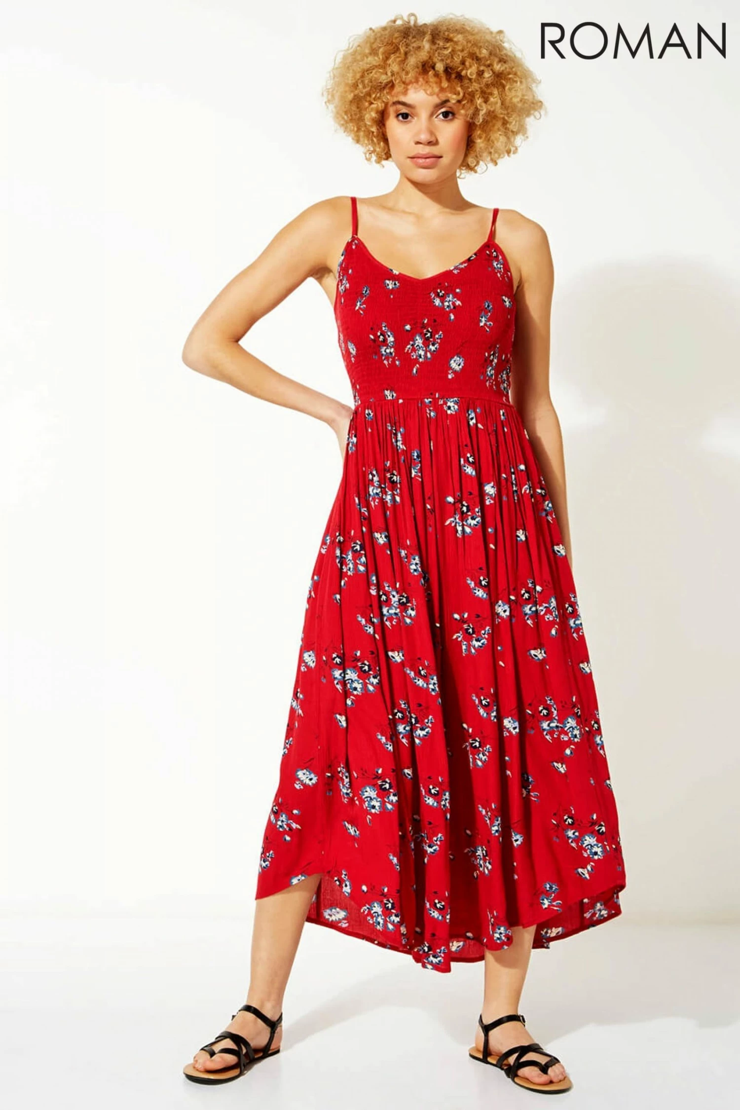 Roman Red Strappy Shirred Floral Midi Dress 3 Roman Red Strappy Shirred Floral Midi Dress