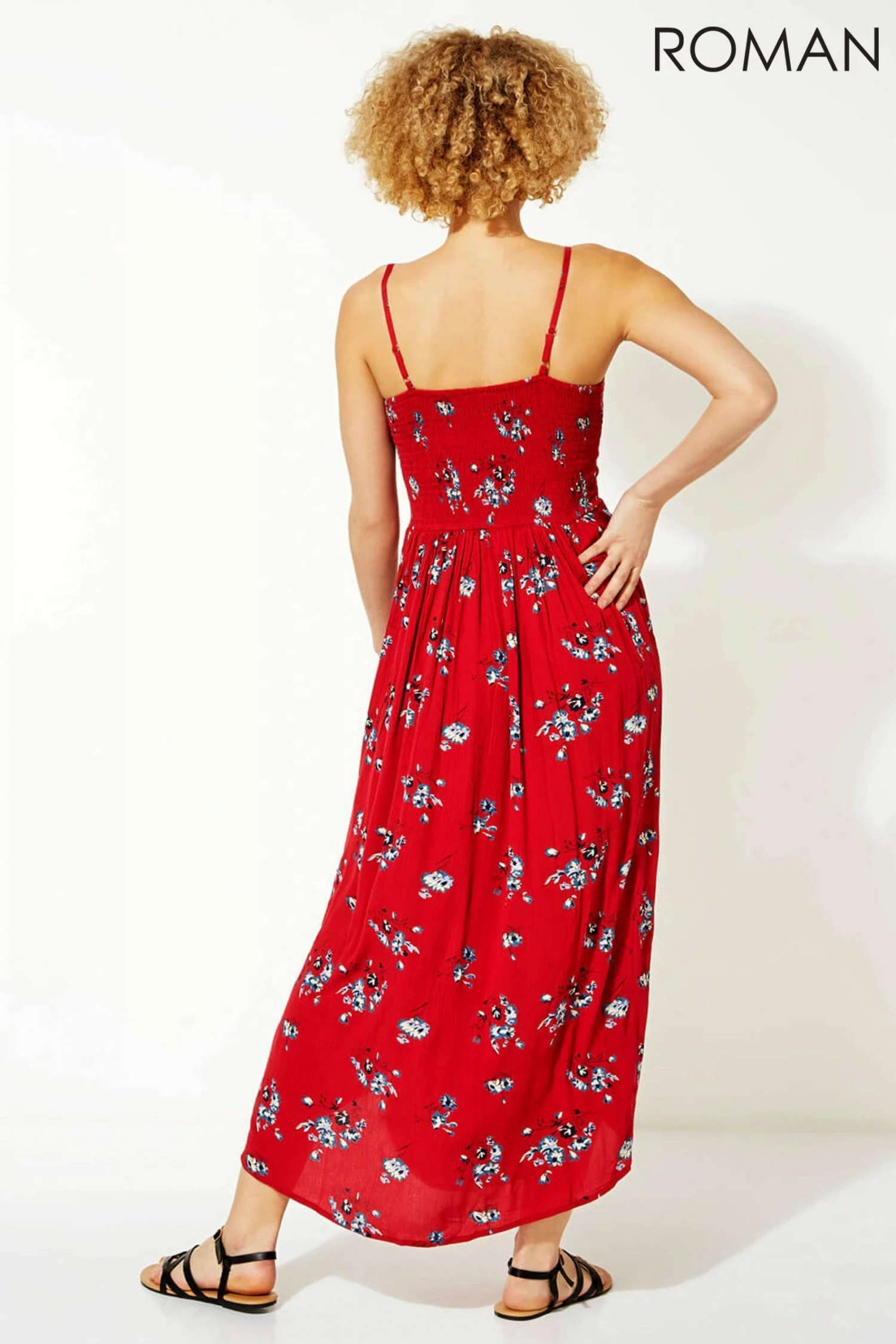 Roman Red Strappy Shirred Floral Midi Dress 4 Roman Red Strappy Shirred Floral Midi Dress - Image 2