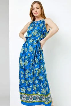 Roman Blue Petite Floral Print Halter Neck Dress