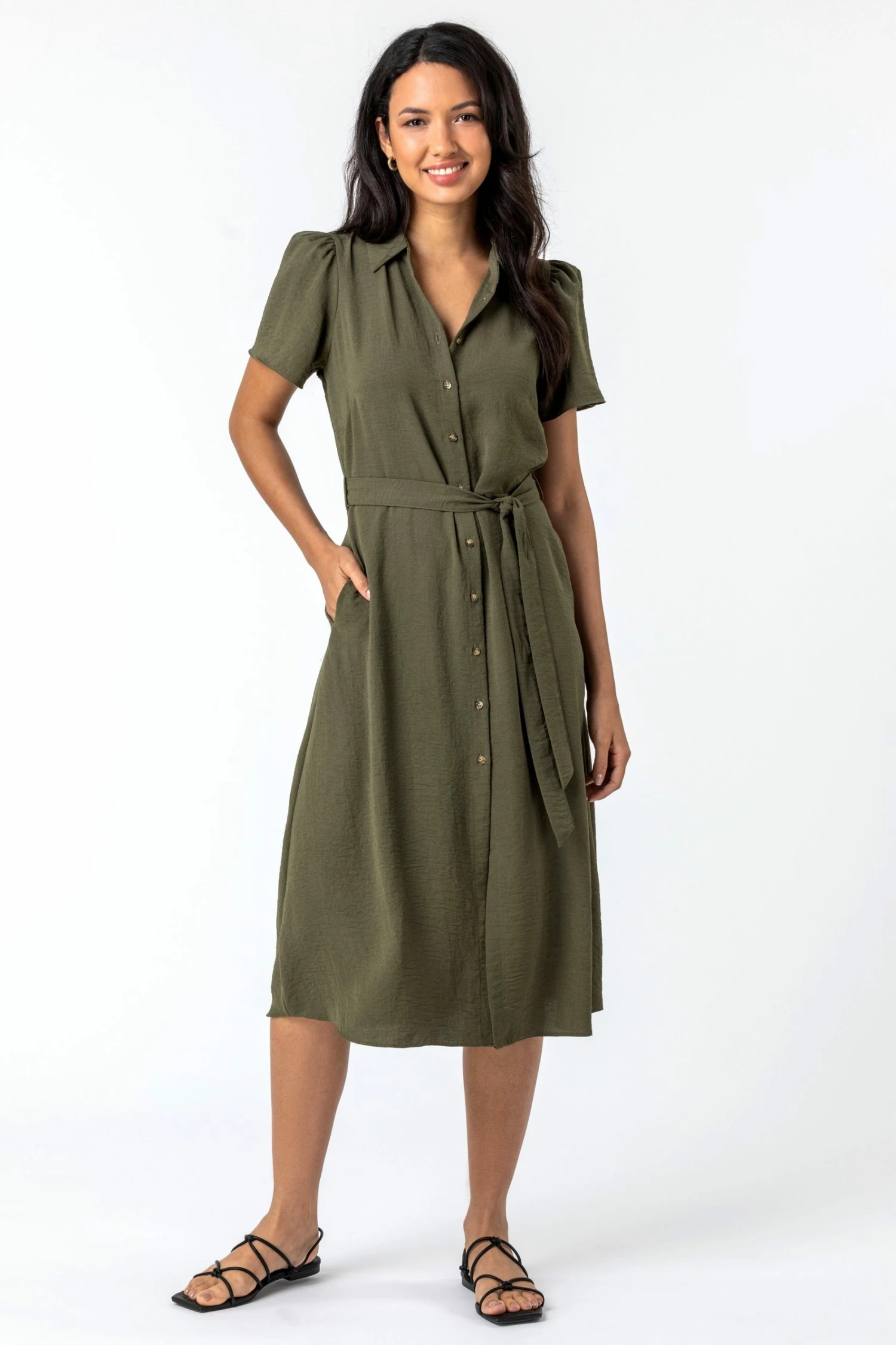 Roman Khaki Belted Pocket Detail Shirt Dress 5 Roman Khaki Belted Pocket Detail Shirt Dress - Image 3