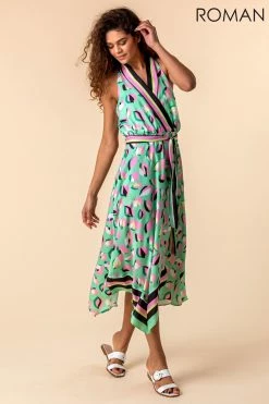 Roman Green Abstract Print Asymmetric Midi Dress