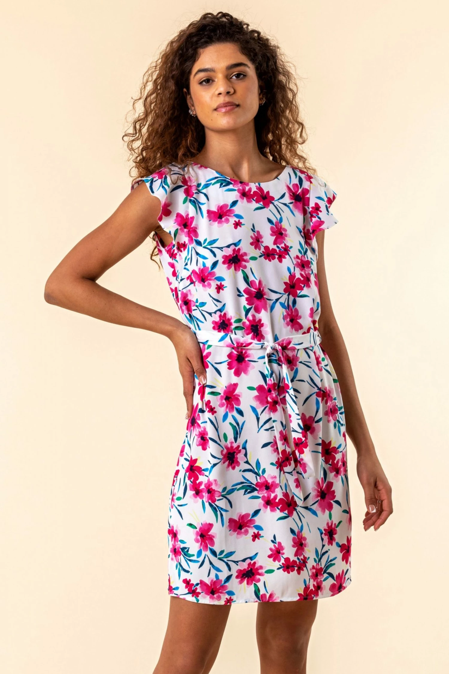 Roman White Floral Print Frill Sleeve Dress 3 Roman White Floral Print Frill Sleeve Dress