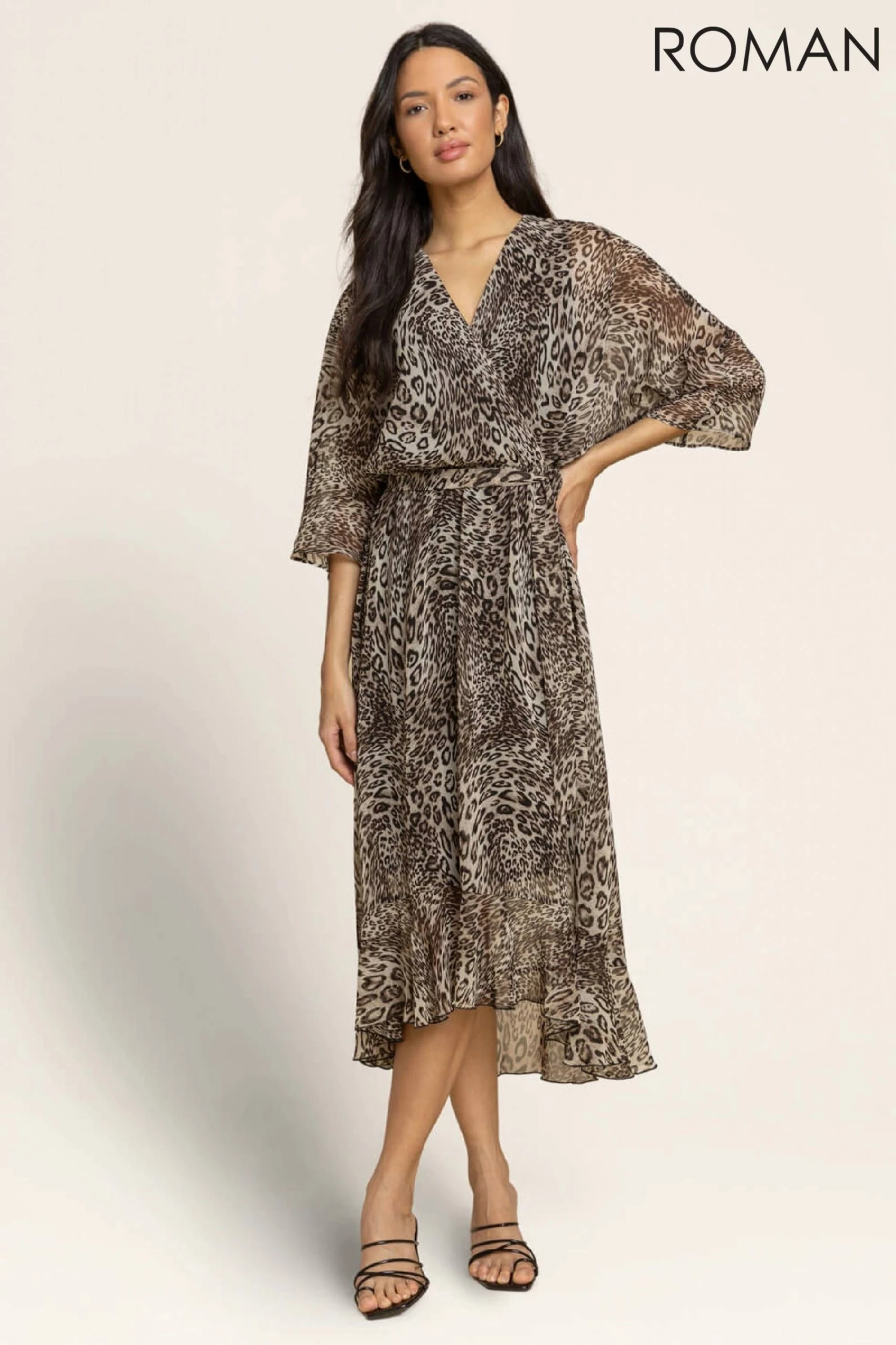 Roman Brown Animal Print Cross Over Wrap Dress 3 Roman Brown Animal Print Cross Over Wrap Dress