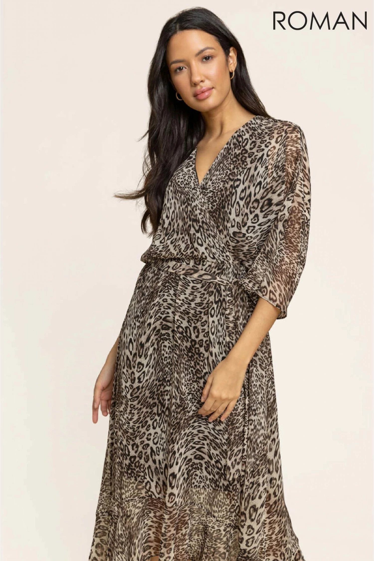 Roman Brown Animal Print Cross Over Wrap Dress 5 Roman Brown Animal Print Cross Over Wrap Dress - Image 3