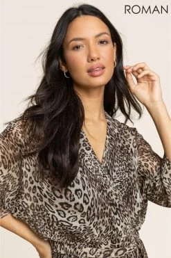 Roman Brown Animal Print Cross Over Wrap Dress 10 Roman Brown Animal Print Cross Over Wrap Dress -Roman Sales Shop unnamed file 2604