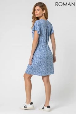 Roman Blue Floral Print Drawstring Waist Dress -Roman Sales Shop unnamed file 2607