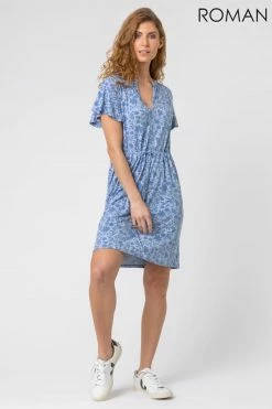 Roman Blue Floral Print Drawstring Waist Dress -Roman Sales Shop unnamed file 2608