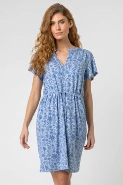 Roman Blue Floral Print Drawstring Waist Dress -Roman Sales Shop unnamed file 2610