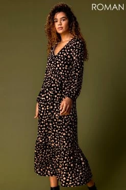 Roman Black Animal Spot Print Midi Dress