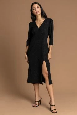 Roman Black Glitter Split Detail Midi Dress