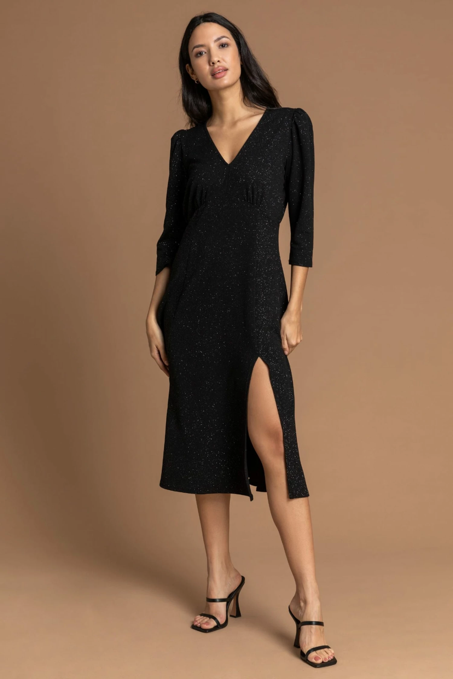 Roman Black Glitter Split Detail Midi Dress 3 Roman Black Glitter Split Detail Midi Dress