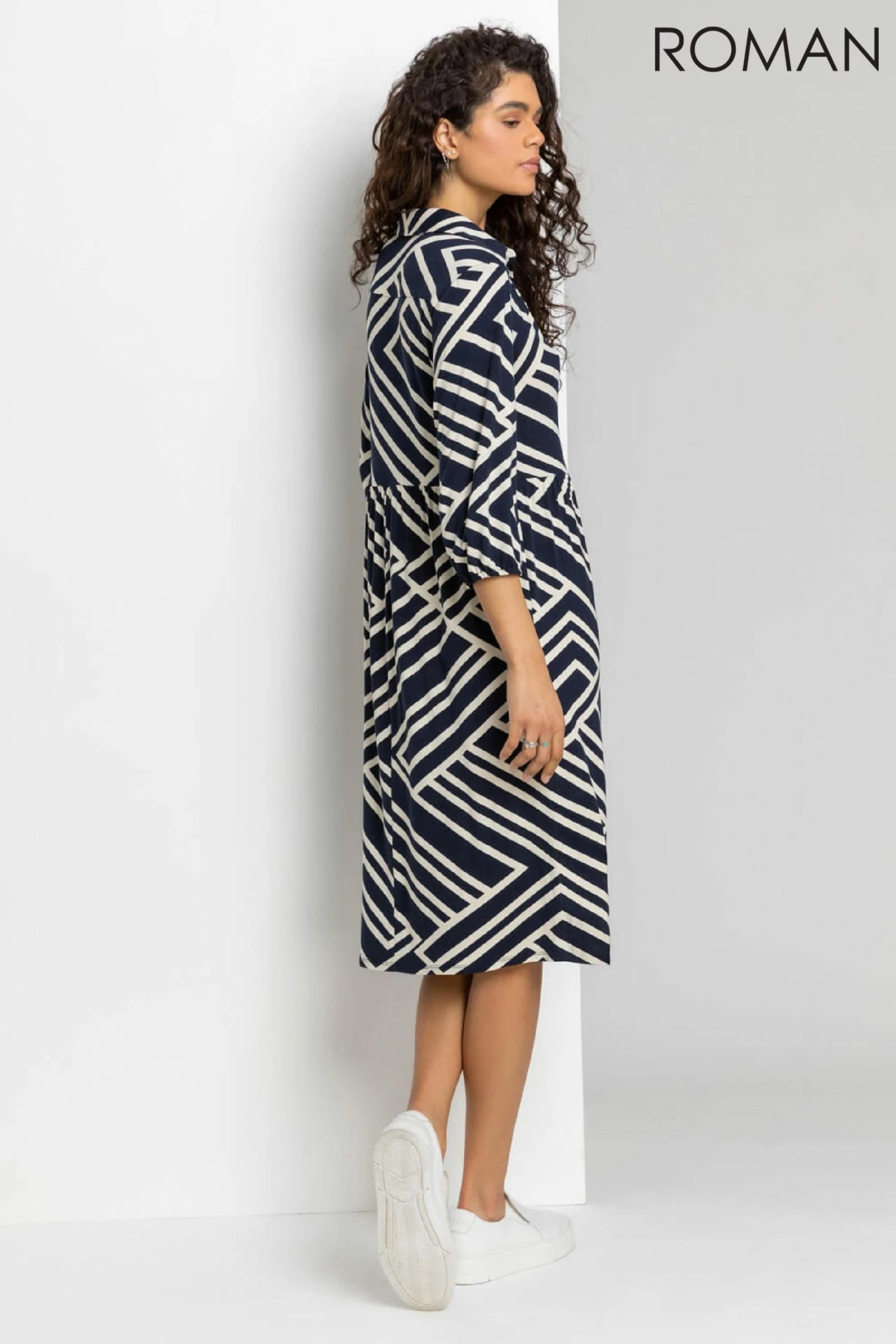 Roman Blue Geo Stripe Print Shirt Dress 4 Roman Blue Geo Stripe Print Shirt Dress - Image 2