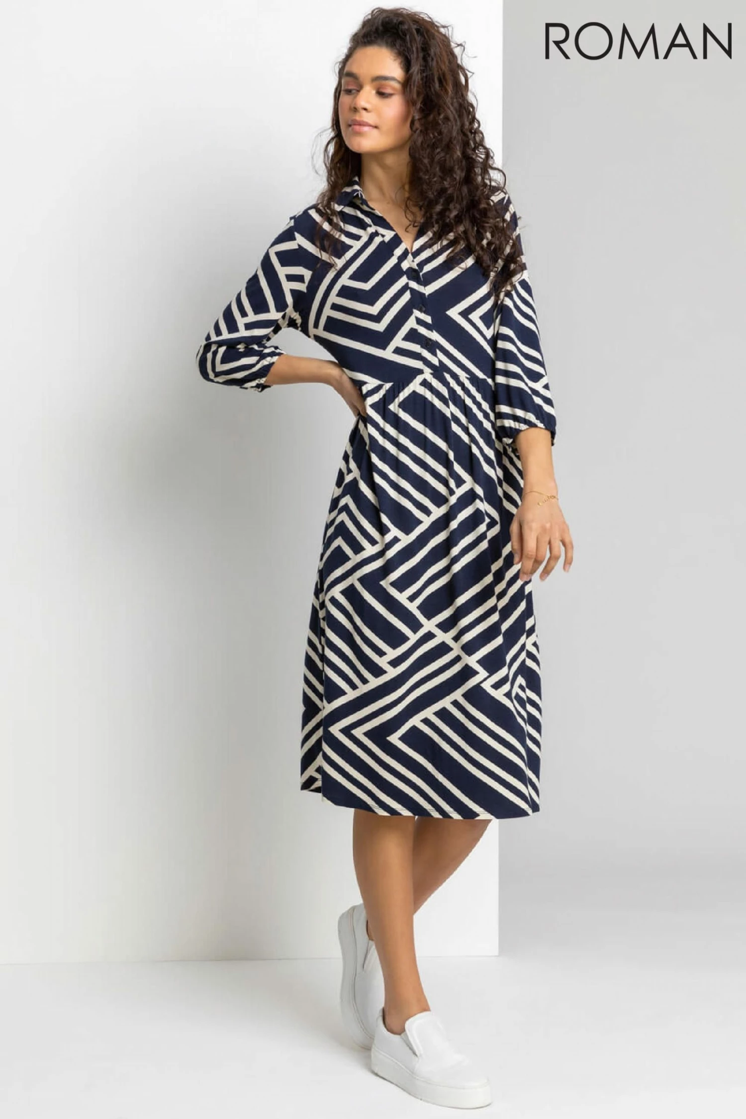 Roman Blue Geo Stripe Print Shirt Dress 5 Roman Blue Geo Stripe Print Shirt Dress - Image 3