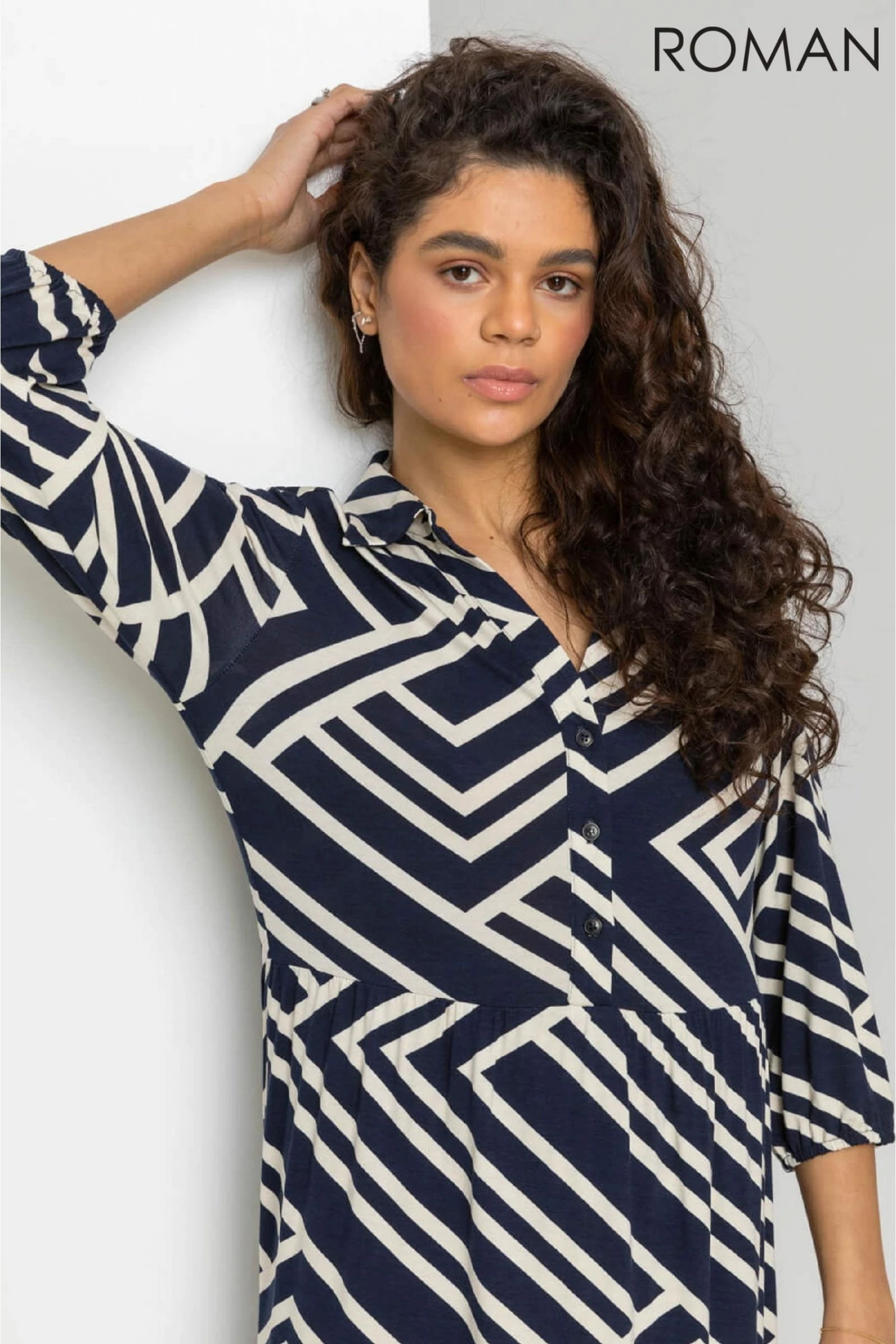 Roman Blue Geo Stripe Print Shirt Dress 6 Roman Blue Geo Stripe Print Shirt Dress - Image 4