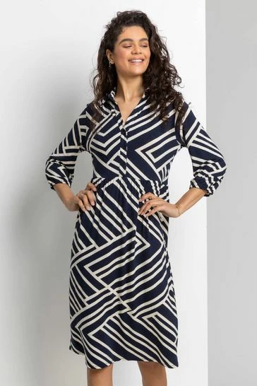 Roman Blue Geo Stripe Print Shirt Dress 7 Roman Blue Geo Stripe Print Shirt Dress - Image 5