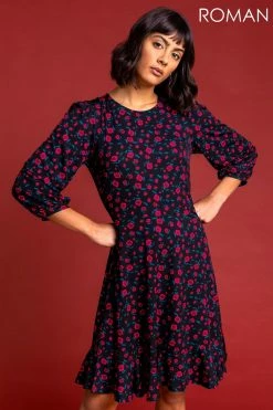 Roman Black Floral Print Frill Hem Tea Dress