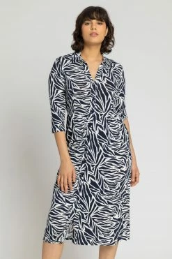 Roman Blue Animal Print Collared Midi Dress