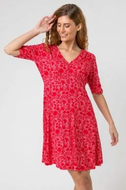 Roman Red Floral Print Buttoned Tea Dress