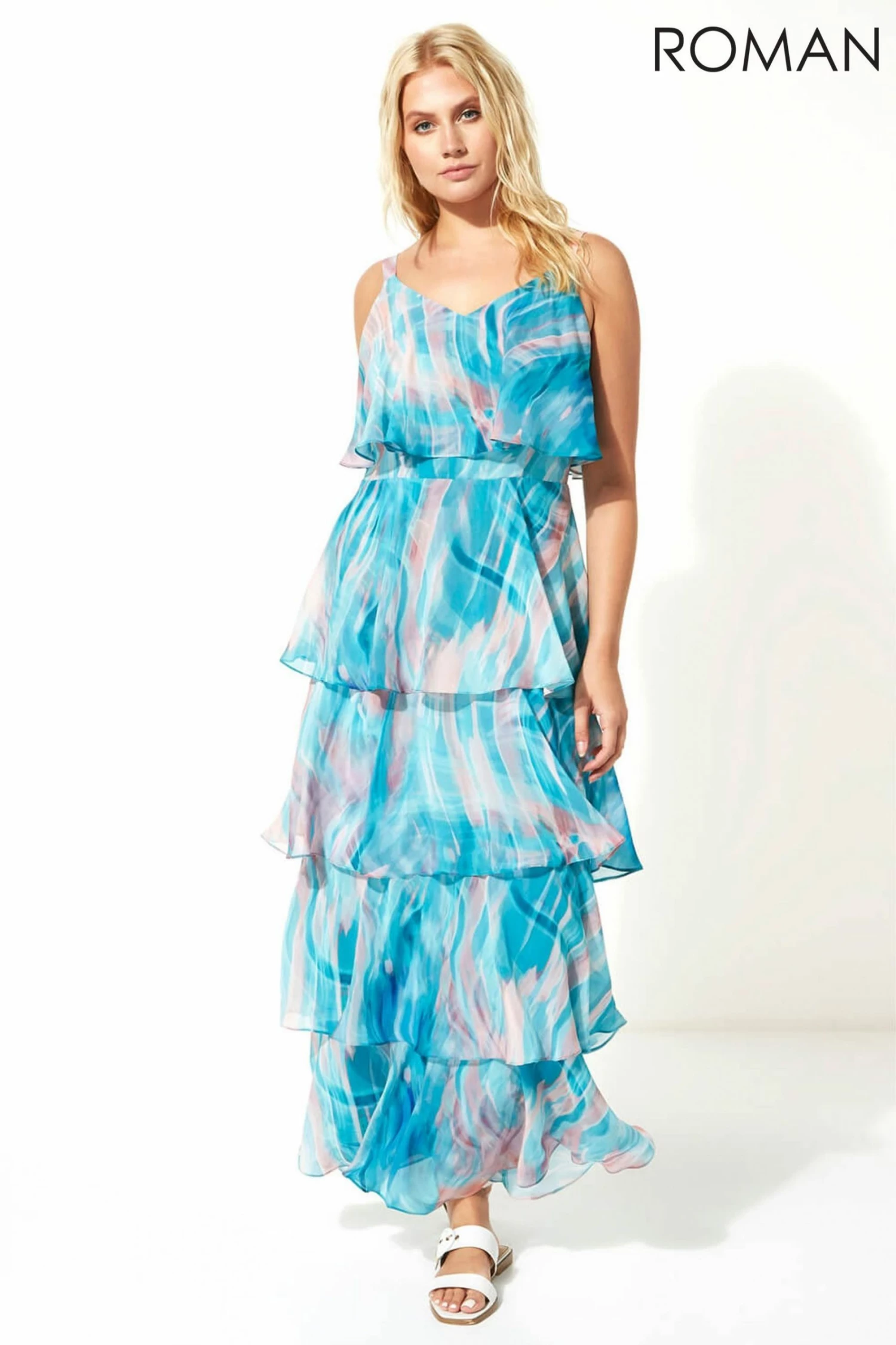 Roman Blue Abstract Print Tiered Maxi Dress 3 Roman Blue Abstract Print Tiered Maxi Dress