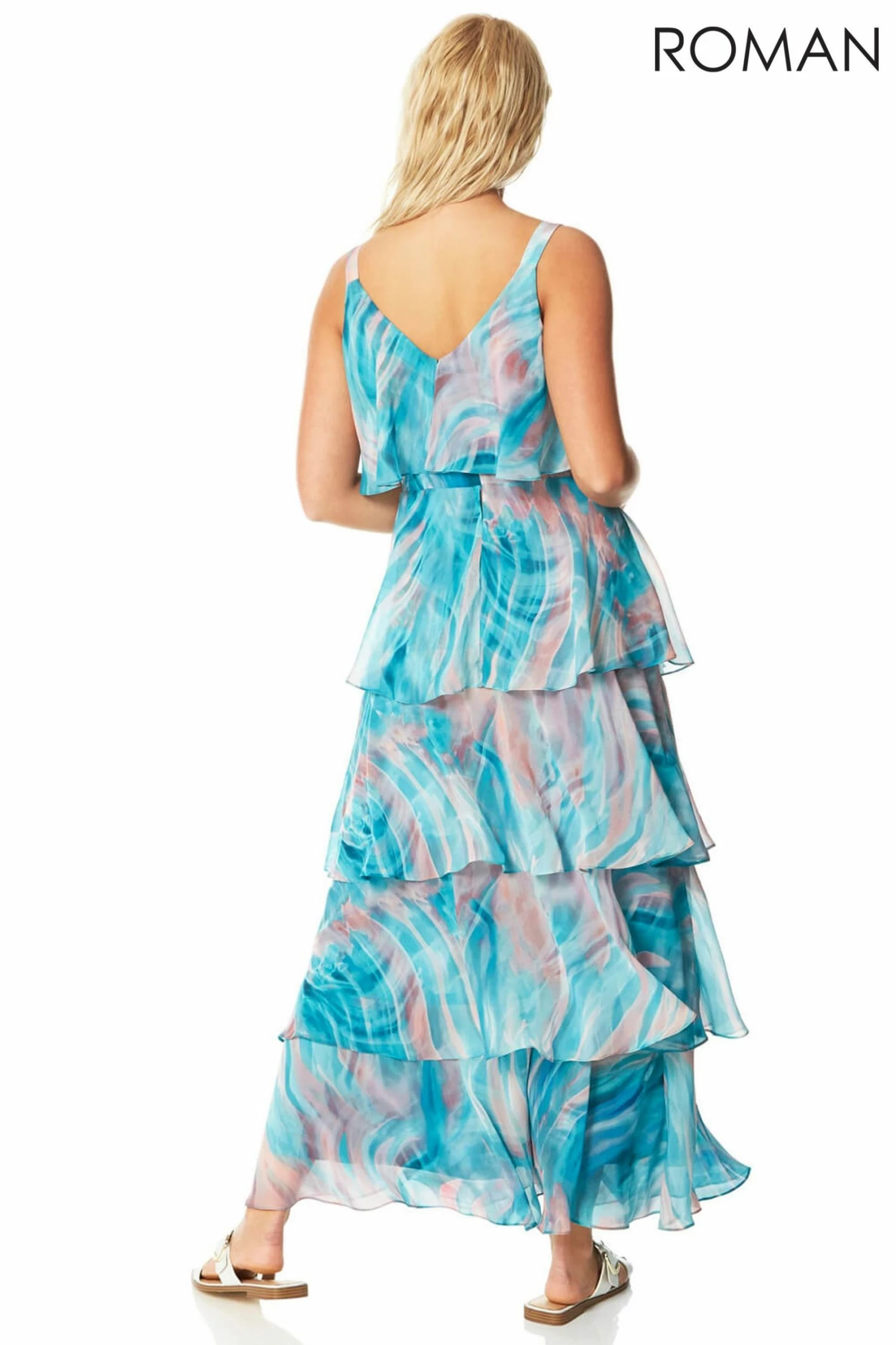Roman Blue Abstract Print Tiered Maxi Dress 4 Roman Blue Abstract Print Tiered Maxi Dress - Image 2