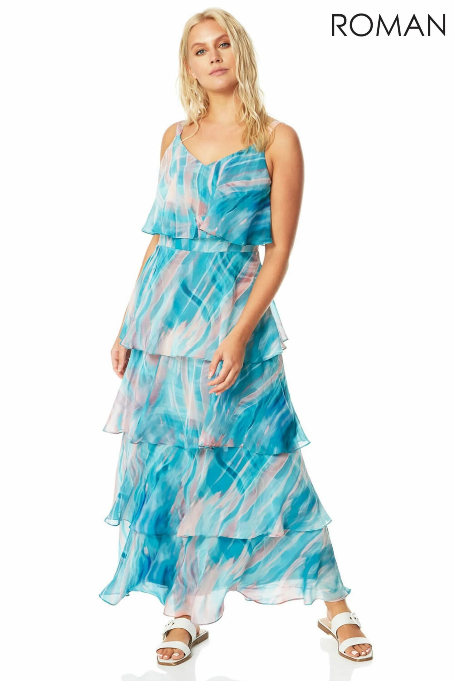 Roman Blue Abstract Print Tiered Maxi Dress 6 Roman Blue Abstract Print Tiered Maxi Dress - Image 4