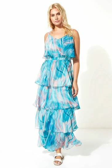 Roman Blue Abstract Print Tiered Maxi Dress 7 Roman Blue Abstract Print Tiered Maxi Dress - Image 5